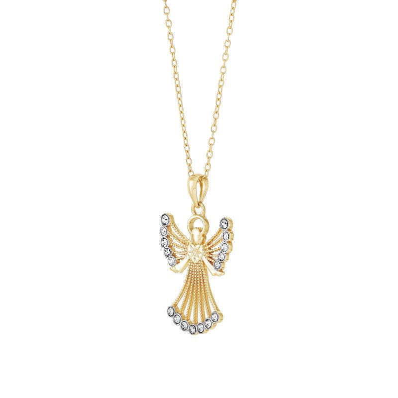 Sterling Silver and 18K Gold Plated Angel Pendant with Crystals - 18 Inches