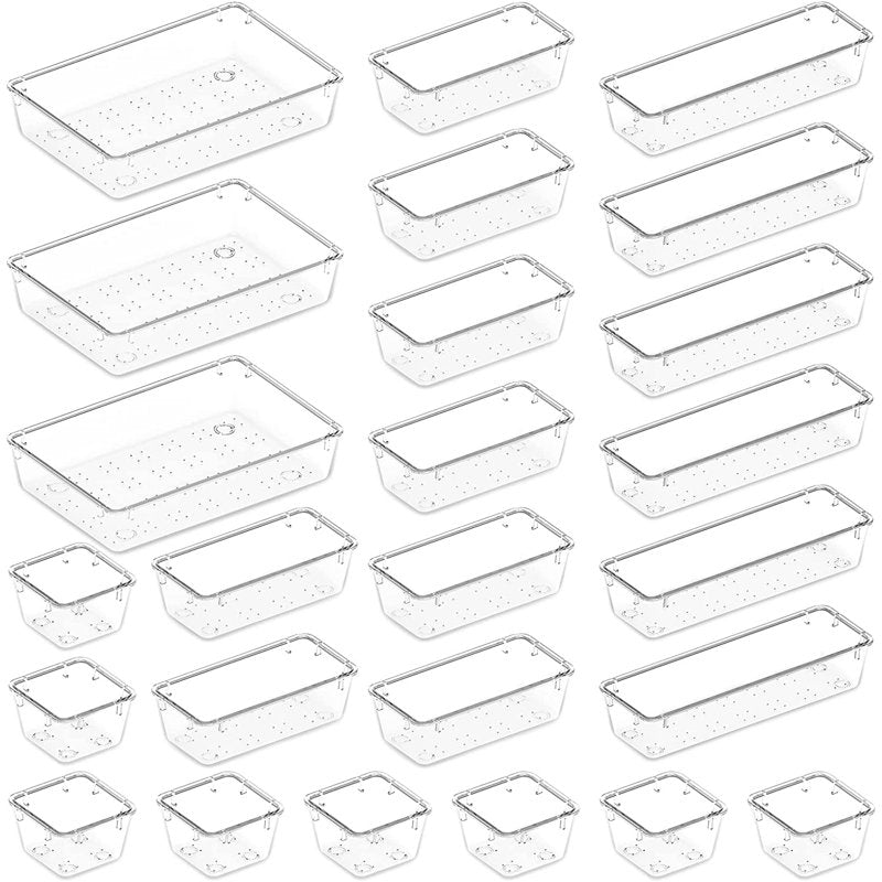 25 Pack Clear Plastic Drawer Organizers for Office and Home Storage