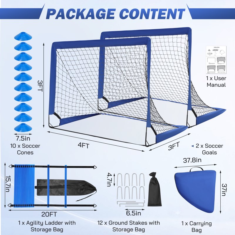 Portable Soccer Goal Set of 2 3x4 ft with Ladder & Cones – Training Nets (Blue)