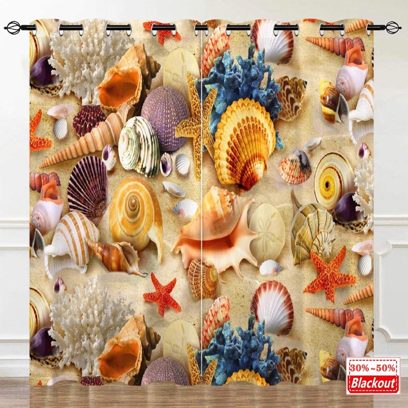 Beach Theme Conch Starfish Waterproof Curtains with 3D Seashell Print, 2 Panels