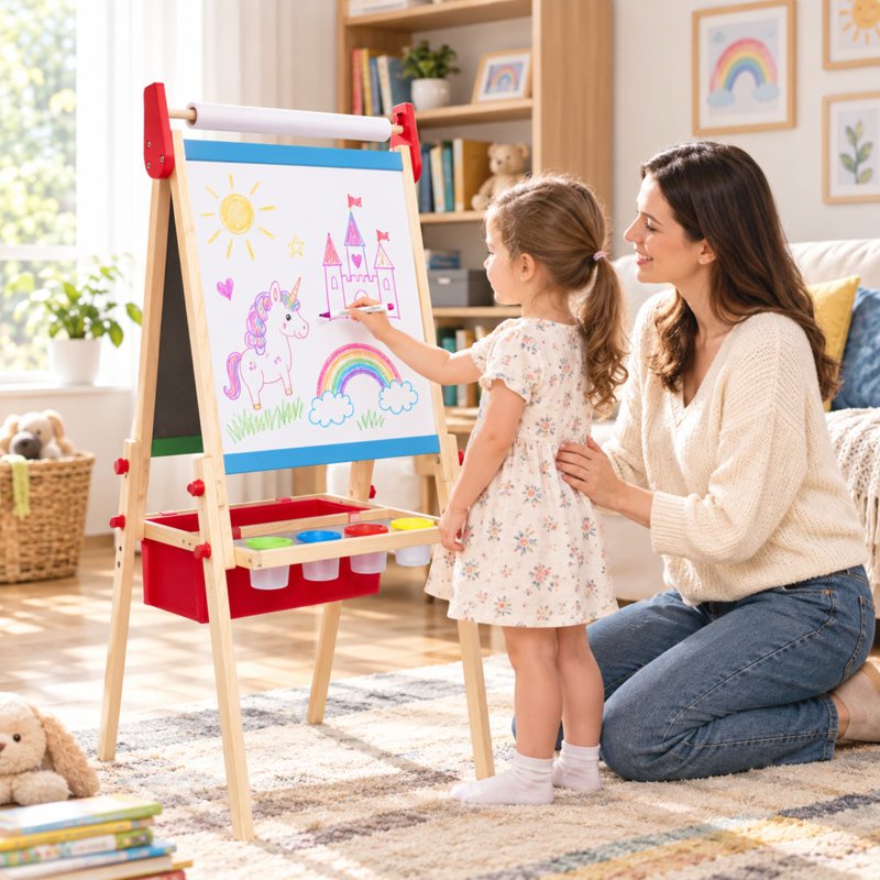 Kids Wooden Art Easel with Adjustable Height, Double-Sided Chalkboard & Painting Accessories