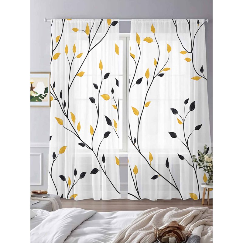Yellow Sheer Curtains Set 52x84 Inches - Rustic Botanical Leaves Window Treatment