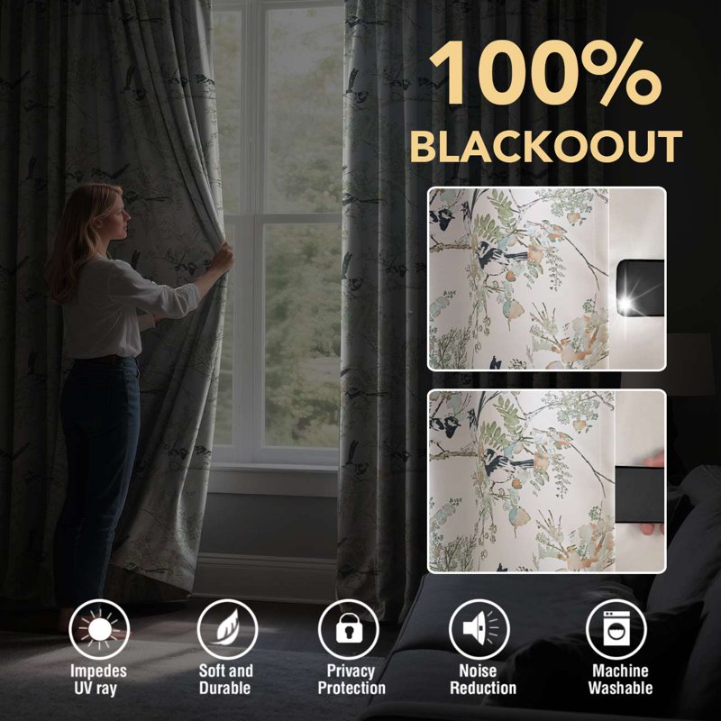 Blackout Floral Bird Curtains - Grommet Window Drapes for Bedroom & Living Room