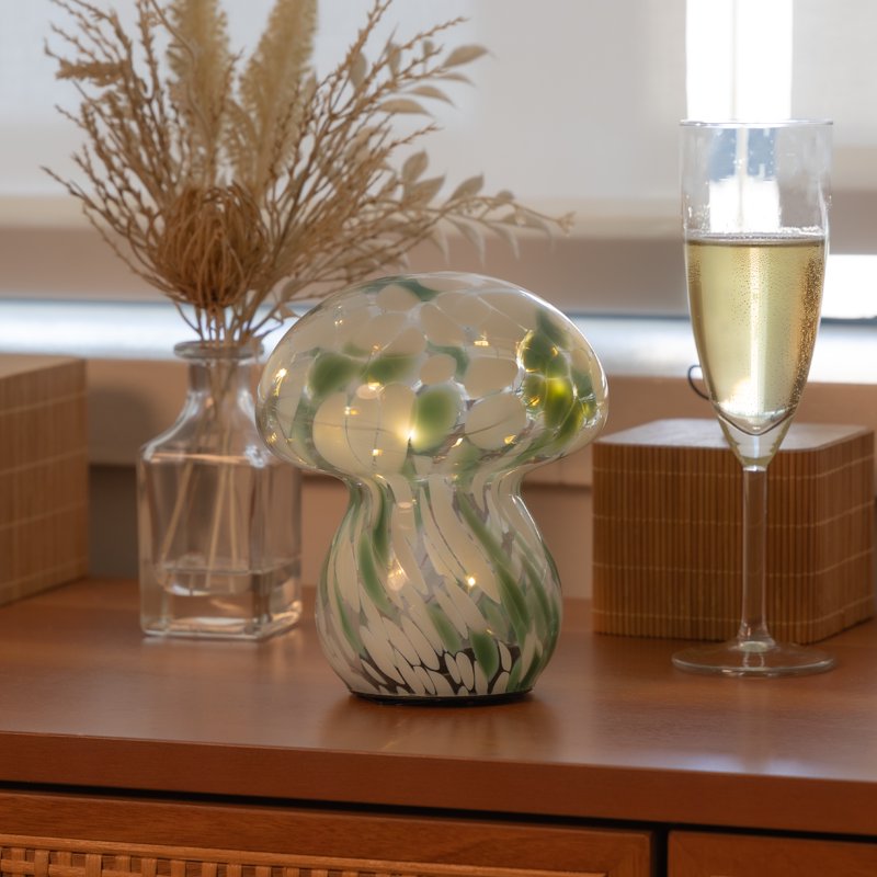 Mushroom Confetti Glass Lamp with Fairy Lights - Sage White Decor