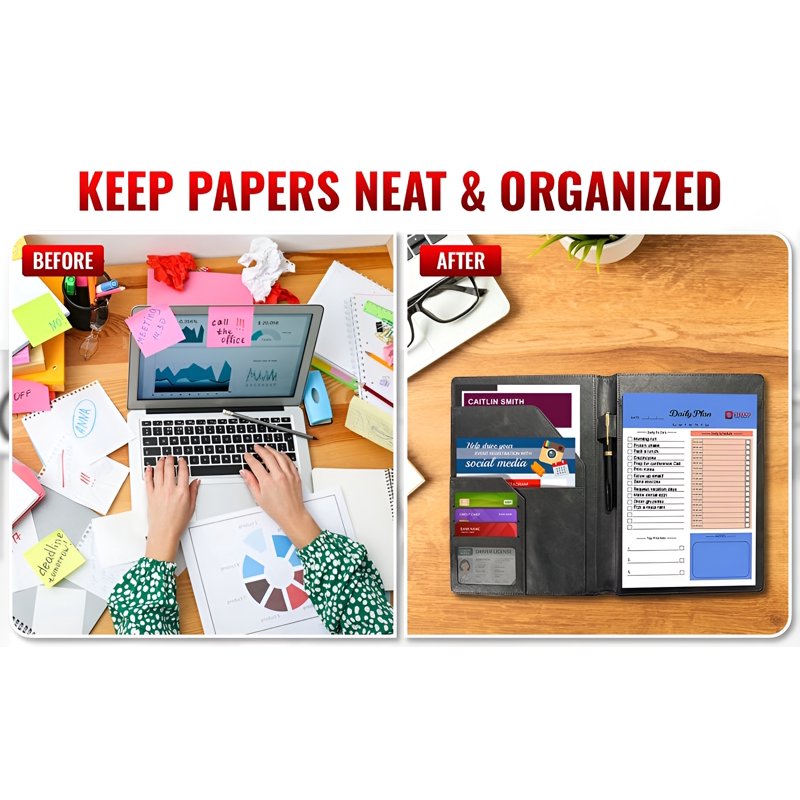 Leather Portfolio with Notepad and Card Slots - Black Professional Padfolio