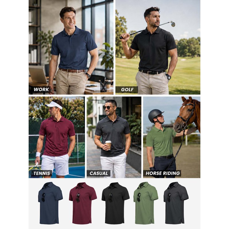 Speedrun 5-Pack Men’s Polo Shirts Short Sleeve Moisture-Wicking Casual Collared Shirts – Size L, Dark Blue / Wine Red / Black / Green / Dark Gray