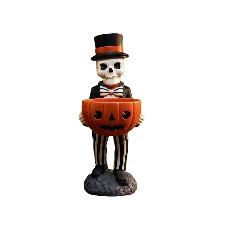 Outdoor Halloween Skeleton Candy Bowl Statue - Resin Pumpkin Dish with Top Hat & Bow Tie, 11 Inch Yard Decor