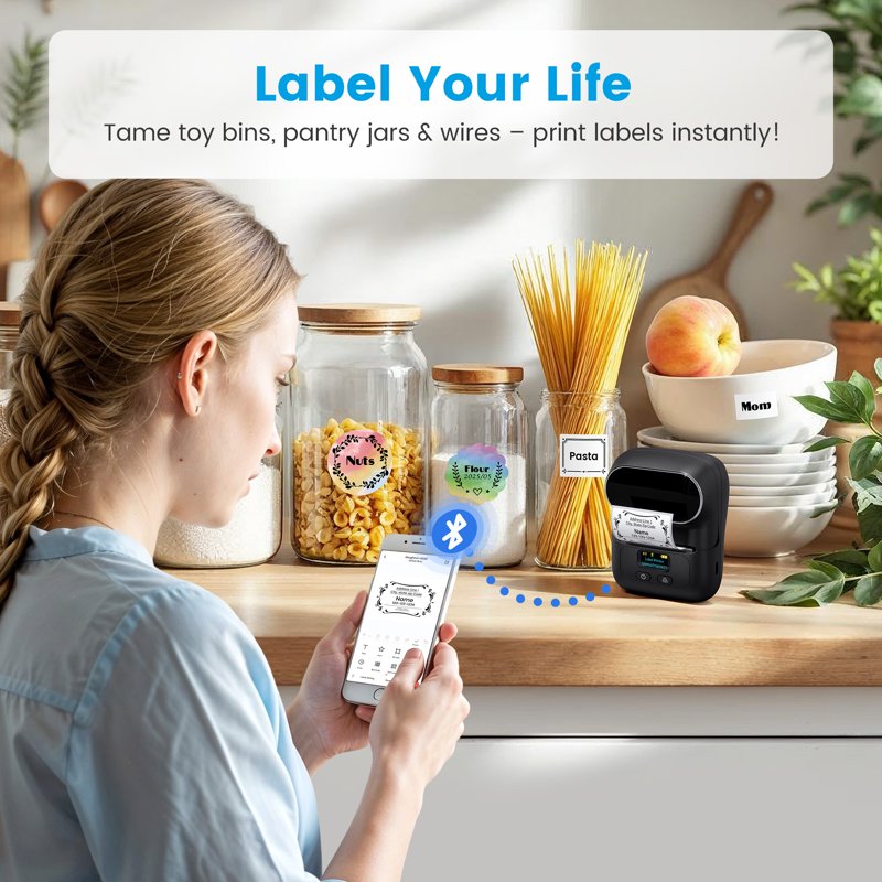Portable Bluetooth Label Maker with Tape - Thermal Printer for Small Business and Home Organization