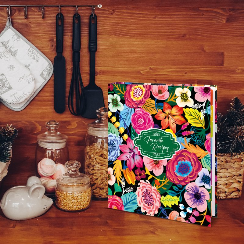 3 Ring Recipe Binder Set with Plastic Sleeves & Recipe Cards - 8.5x11 Inch Organizer, Blooming Flowers Design