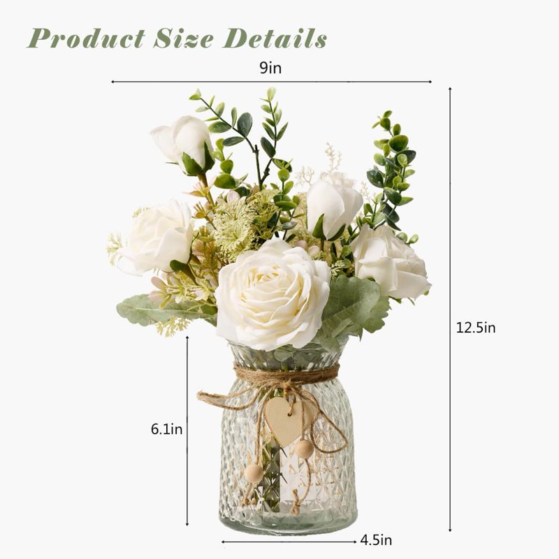 Artificial Flower Arrangement with Vase - White Silk Roses & Eucalyptus for Home & Wedding Decor