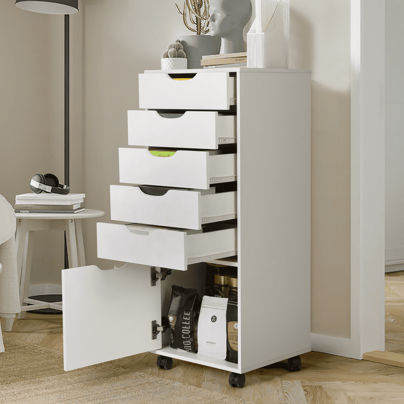 Mobile File Cabinet with Wheels, 5-Drawer Storage Organizer for Home Office and Living Room, Lockable Casters - White