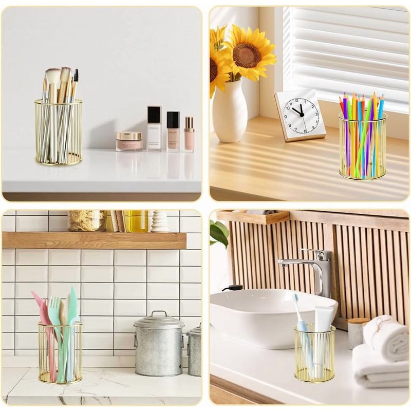 Gold Metal Pen Holder Set - Desk Organizer for Office & Makeup