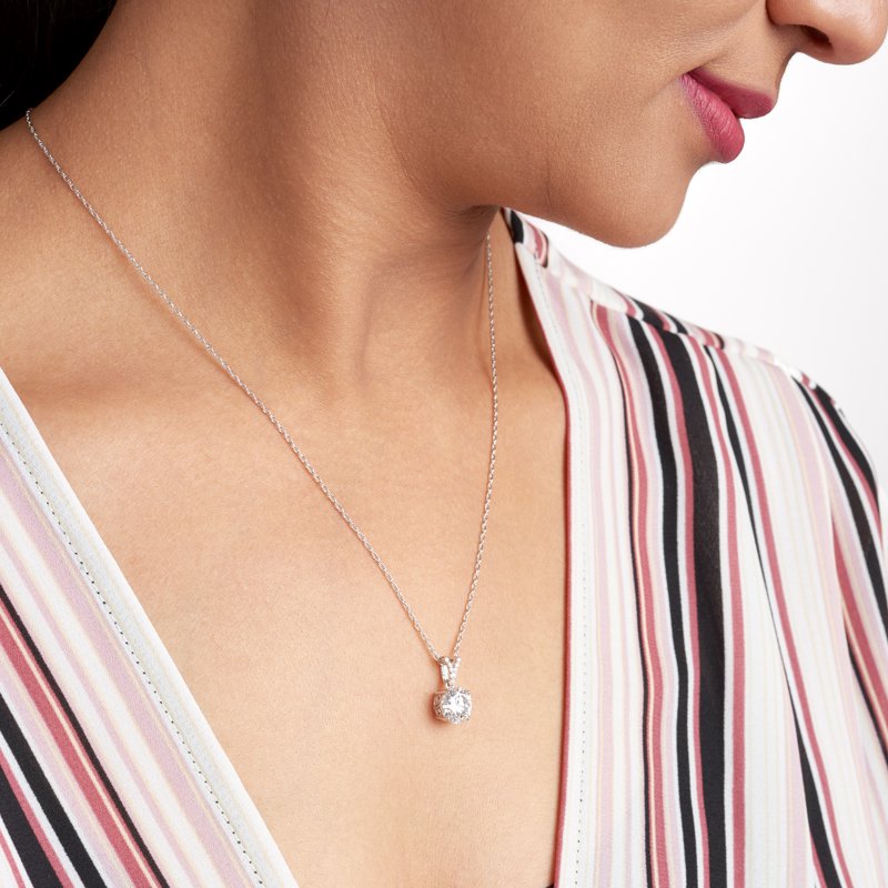 Moissanite Solitaire Pendant Necklace 2 Carats in Rhodium Silver for Women