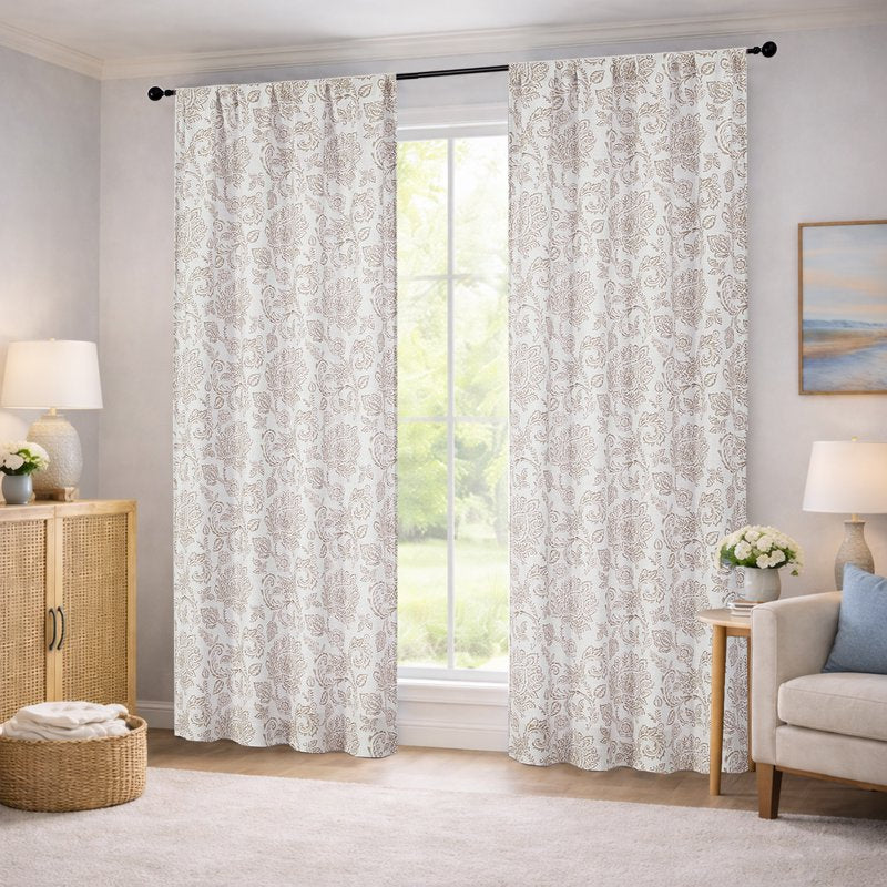 Farmhouse Taupe Floral Curtain Panels - 52W x 96L, 2-Pocket Rod Pocket Drape Set