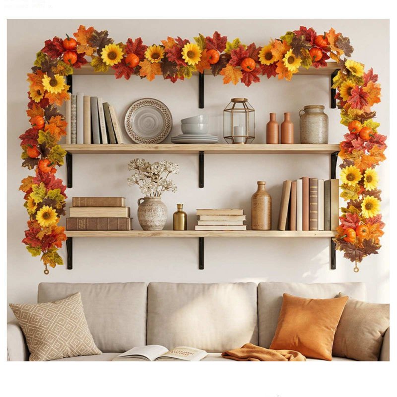Autumn Garland with Maple Leaves, Pumpkins & Sunflowers for Thanksgiving Decor - 39 Inches Long