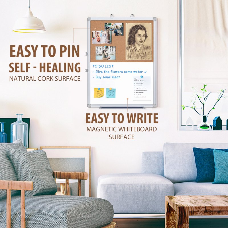 Magnetic Whiteboard and Cork Bulletin Board Combo 36x24 Inches - Wall Mountable Office & Home Organization