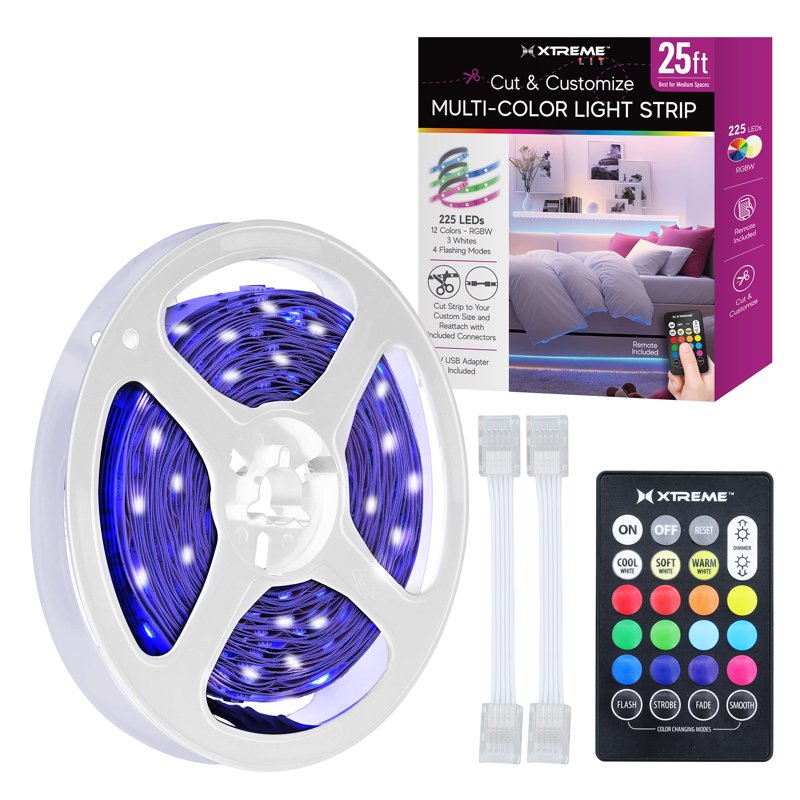 Multicolor LED Light Strip Kit 25ft - Flexible, Cuttable, Remote Control