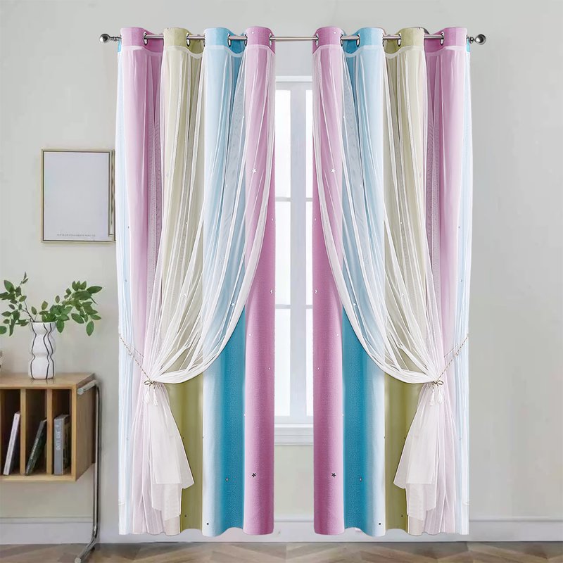 Colorful Rainbow Gradient Stripe Double Layer Blackout Curtain for Girls Bedroom