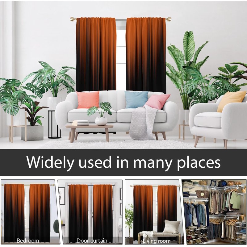 Boho Ombre Window Curtains Set - Orange & Black Gradient, 2 Panels, 42x84 Inches