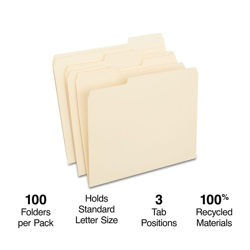 Recycled Manila File Folders Letter Size 3-Tab 100 Pack Office Organization