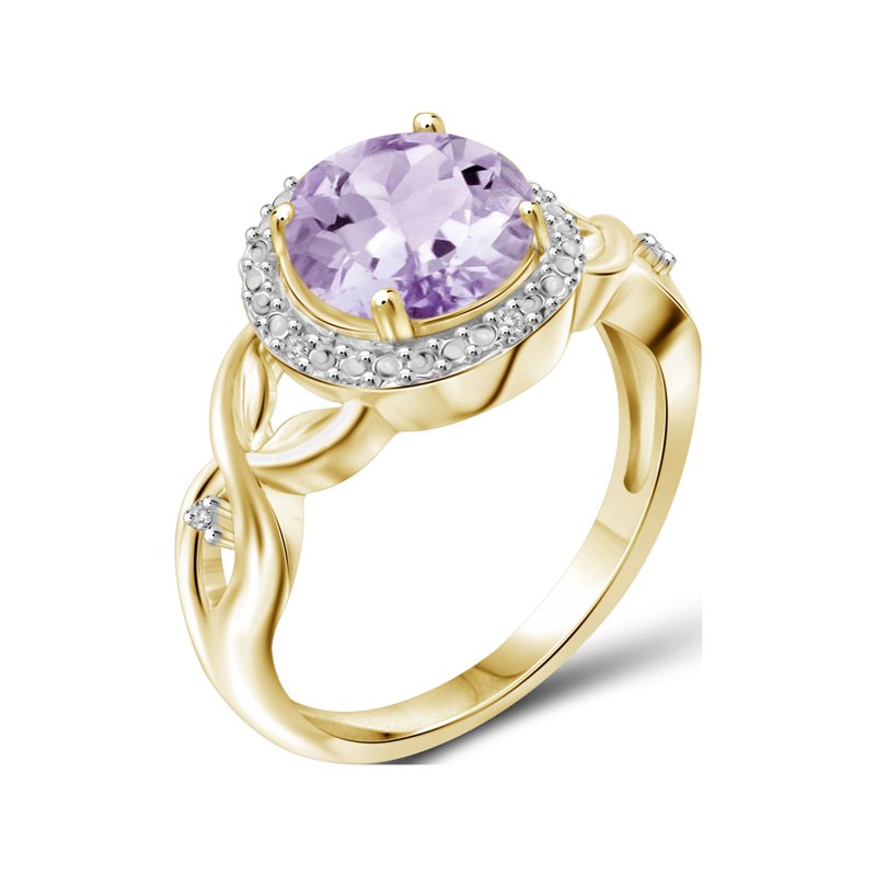 Pink Amethyst Birthstone Ring 14K Gold Plated Silver with White Diamond Accent
