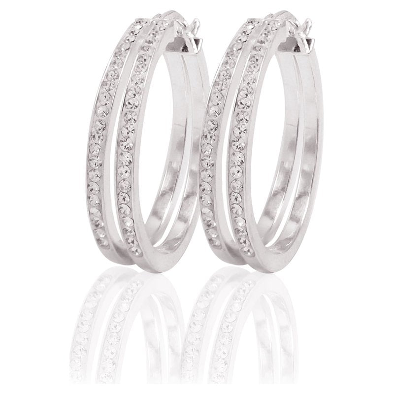 Rhodium Plated Sterling Silver Hoop Earrings with Crystals - 2 Row Classic Design