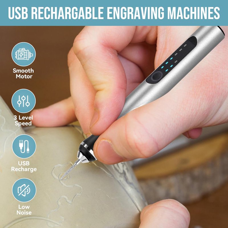 Electric Engraving Pen with 37 Bits - Portable Cordless Rotary Engraver for Jewelry Wood Glass Stone