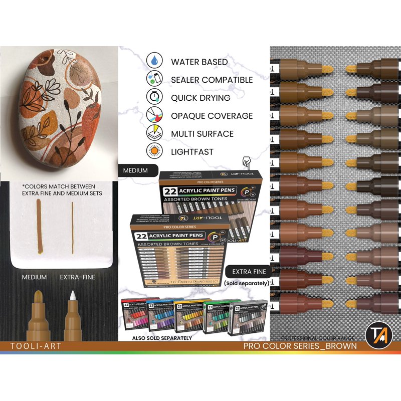 Acrylic Paint Pens Set - 22 Brown Colors for Art & Craft, 3mm Medium Tip
