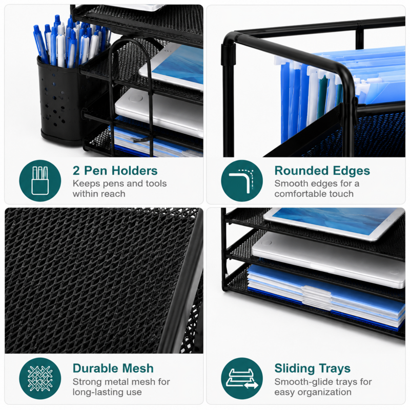 6-Tier Metal Desk Organizer with File Trays & Pen Holders - Office & Home