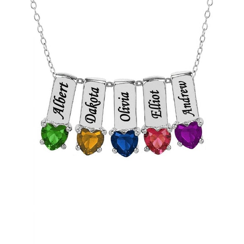 Personalized Family Charm Pendant with Heart-Shaped Birthstones - Sterling Silver Custom Necklace