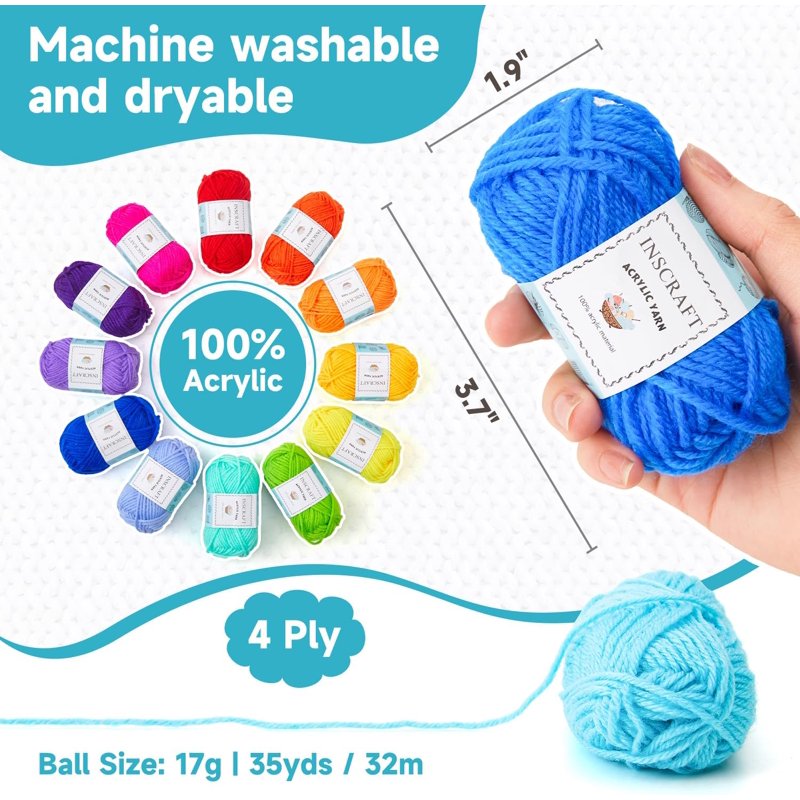 Crochet Yarn Kit with 52 Bright Acrylic Colors & Crochet Hooks - 67 Pieces