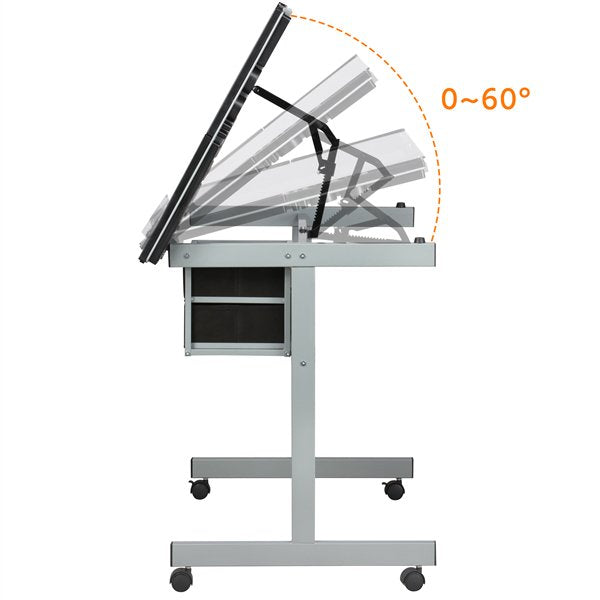 Adjustable Drafting Table with Drawers and Glass Top - Black