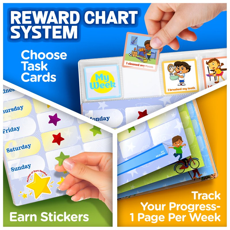 Kids Reward Chart & Journal Set with Stickers & Task Cards - Weekly Routine Tracking