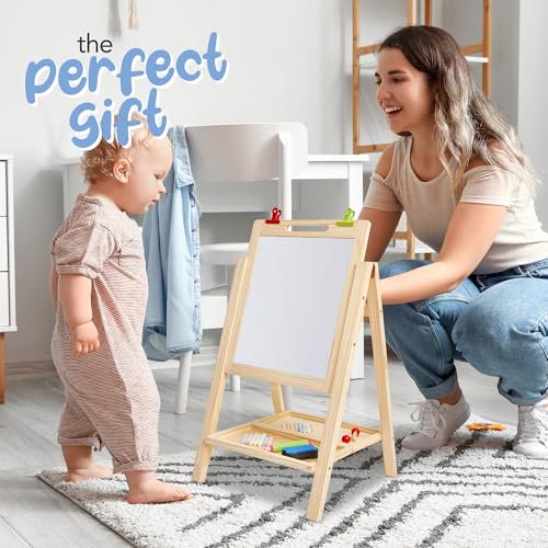 Kids Double Sided Art Easel with Whiteboard & Chalkboard, Toddler Craft Table for 2-4 Years