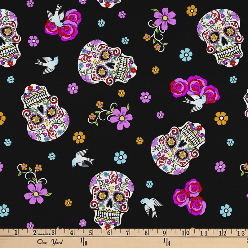Day of the Dead Cotton Fabric with Silver Glitter - 44 Inches Wide