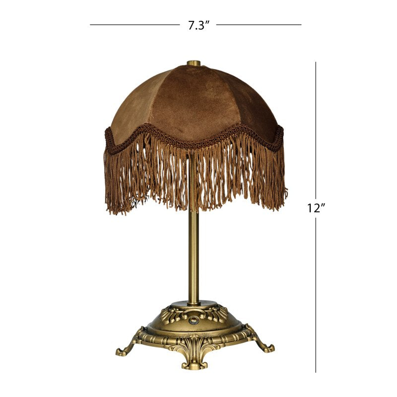 Rechargeable Victorian Style Velvet Fringe Table Lamp with Antique Gold Base