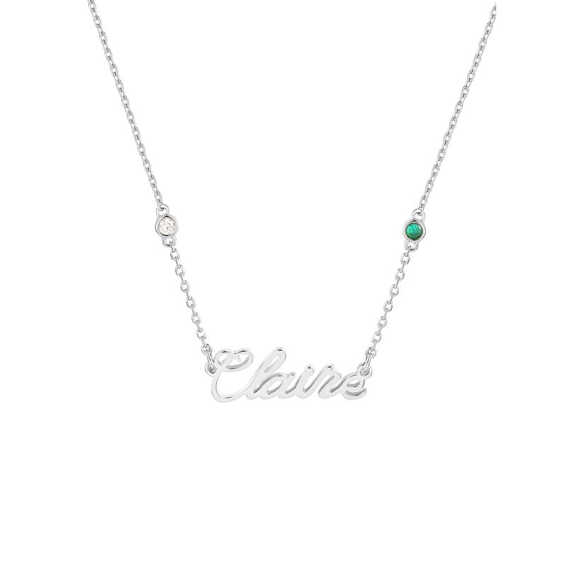 Personalized Silver Name Necklace with Birthstones - Custom Script Jewelry for Women