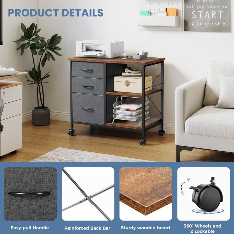 3-Tier Mobile File Cabinet with Drawers & Back Support Bar - Rustic Brown, Black, White