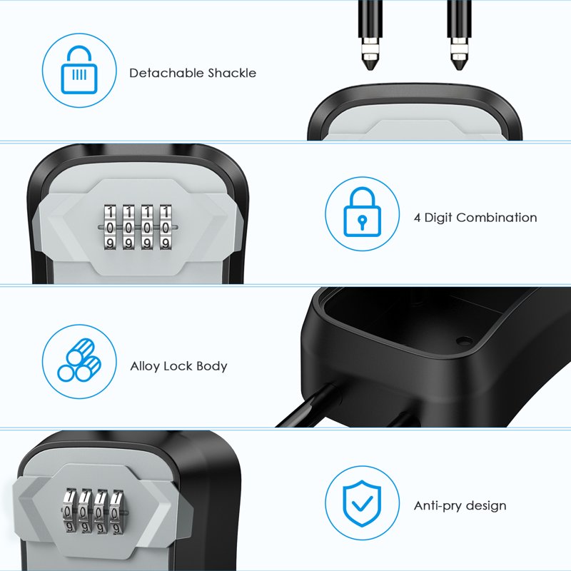 Key Lock Box with Removable Shackle 4-Digit Combination for Home & Garage Security