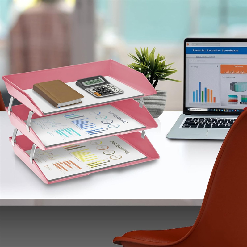Acrimet 3-Tier Letter Tray Organizer - Side Load, Pink Plastic Desktop File Holder