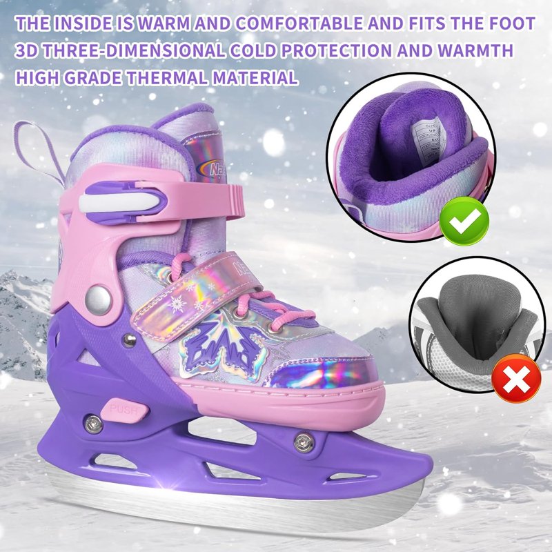 Adjustable Kids Ice Skates for Boys and Girls - Warm Plush Lining, Safety Support