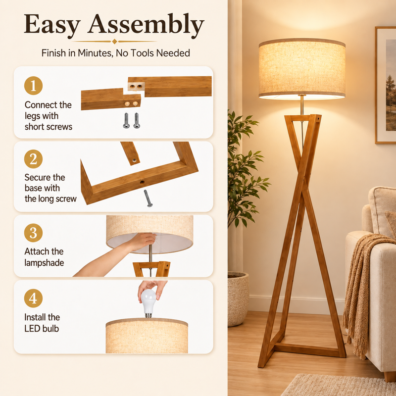 Wood Tripod Floor Lamp with Shelves, Dimmable Standing Lamp with Remote, Modern Walnut or Black Finish