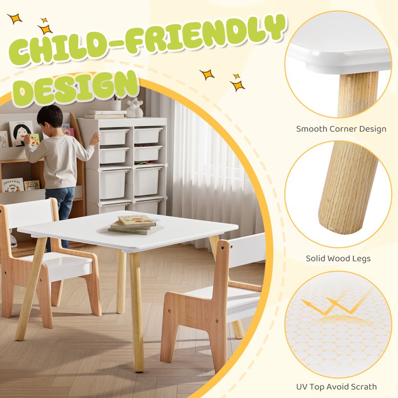 Kids Activity Table Set with Chairs - 2-in-1 Toddler Play & Craft Table, 24x24 Inch, White & Natural Wood Finish