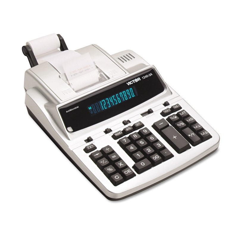 Office Calculator with Print Function, 12 Digits, AC Power, Black & Silver