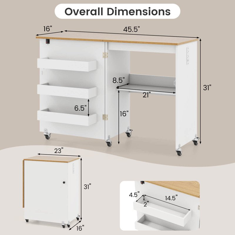 Folding Sewing Table with Storage Bins & Charging Station - Portable Craft Desk