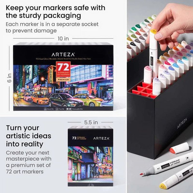 Arteza EverBlend 72-Count Art Markers Dual Tip Chisel & Brush