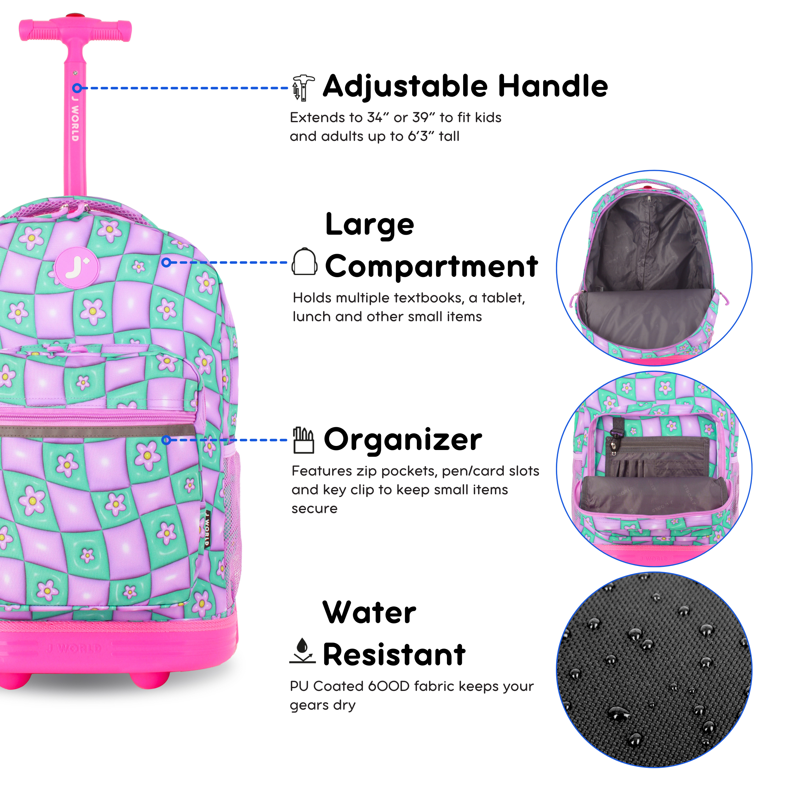 Kids Rolling Backpack with Wheels & Tote for School & Travel - Puffy Flower