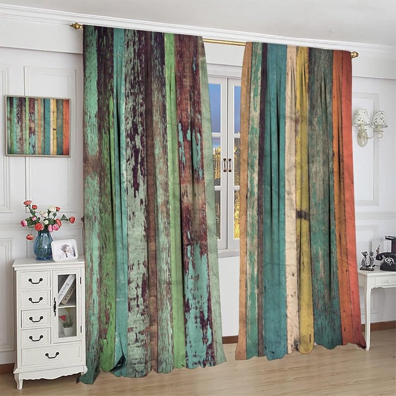 Vintage Style Window Curtain Panels with Wooden Board Design - Room Darkening, 2 Panels