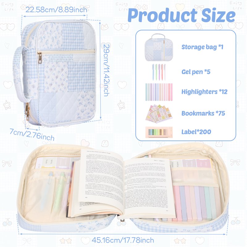 Blue Quilted Bible Cover Case for Women – Large Carrying Bag with 5 Pens, 12 Highlighters, 75 Bookmarks & 200 Labels