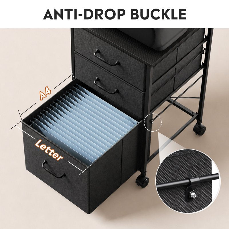 3-Drawer Mobile File Cabinet with Fabric Organizers and Wood Grain Top - Black